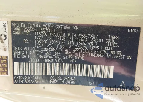 2008 Toyota Fj Cruiser из США, поврежденный, VIN JTEBU11F88K015315